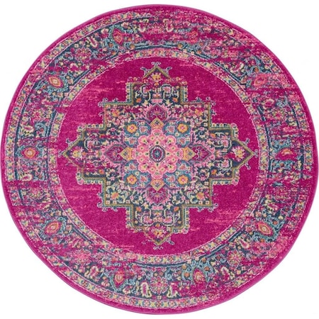 Homeroots 8 ft. Round Fuchsia & Blue Distressed Area Rug 385314